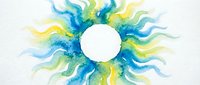 Watercolor starburst with blue, green, and yellow radiating brushstrokes around isolated white circle, ready for design projects.