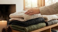 Woman's hand touching stack of cozy knitted sweaters in neutral tones on wooden shelf with warm candlelight creating hygge home atmosphere for autumn winter.