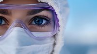 Close up view of medical worker wearing protective goggles, face mask and white protective suit. Intense blue eyes with long eyelashes visible through purple-tinted safety glasses.