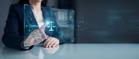 Professional businesswoman interacting with digital legal technology interface displaying justice scales and law icons for modern legal services.