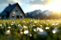 Dreamy spring meadow with white daisies in foreground and cozy cottage house silhouette against golden sunset sky, creating magical countryside atmosphere.