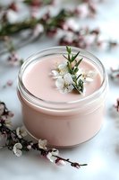 Pink cosmetic cream in glass jar decorated with spring cherry blossom flowers and green leaves on white background, natural skincare concept.