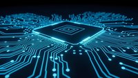 Futuristic microprocessor chip with glowing blue circuit pathways on dark background for technology and computing concepts.