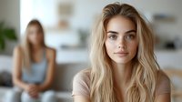 Young blonde woman with natural makeup and casual attire looking directly at camera while sitting at home, with another woman visible in background.