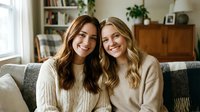 Two young women friends sitting together on couch smiling at camera in cozy living room with bookshelves. Friendship bonding lifestyle portrait.