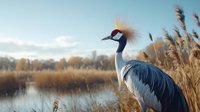 Grey crowned crane standing among tall reeds near water, autumn landscape with soft light and blurred background, wildlife photography in natural habitat.