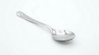 Stainless steel soup ladle with long handle isolated on white background for kitchen utensil and cooking equipment designs.