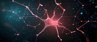 Glowing neuron cell with dendrites and axons in dark space with connecting dots and lines creating neural network visualization for medical science.