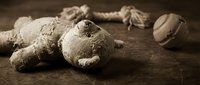 Fresh ginger root on rustic wooden surface with natural rope, organic spice ingredient for cooking and healthy nutrition recipes.