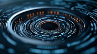 Futuristic circular interface with glowing blue and orange digital elements creates dynamic technological pattern. Abstract background for tech presentations.