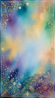 Watercolor gradient background with gold ornamental border frame, featuring celestial and botanical elements, stars, and decorative swirls. Soft blended colors transition from purple and blue to turquoise and yellow. Suitable for greeting cards, invitations, and festive designs.