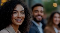 Young African American woman with curly hair and bright smile leading diverse business team, professional portrait in warm evening light outdoors.