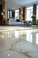 Modern luxury living room with polished marble floor tiles in focus, white sofa and large windows in background. Elegant interior design with warm lighting.