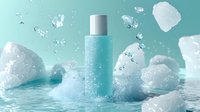 Refreshing skincare bottle with ice cubes and water splash on mint background. Dynamic cosmetic product photography for beauty and wellness advertising.