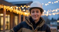 Female construction worker in hard hat smiling at twilight job site with warm string lights creating bokeh background for safety and workplace themes.
