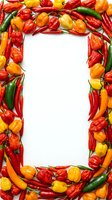 Colorful hot and sweet peppers arranged in a frame border with red, yellow, orange, and green varieties surrounding white copy space for text, recipes, or culinary content.