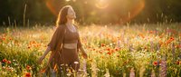 Young Caucasian woman standing in a sunlit wildflower meadow, arms open, eyes closed, embracing freedom and nature in warm golden light.