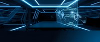 Futuristic dark boardroom with glowing blue neon lights and holographic screen displaying digital transformation, compliance workflows, and data governance.