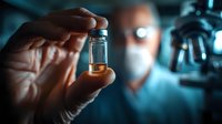 Medical scientist in protective mask examining vaccine vial in research laboratory with microscope, dramatic blue lighting creates scientific atmosphere.