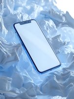 Modern smartphone floating among frost crystals and ice formations in cool blue tones, blank white screen mockup for product display.