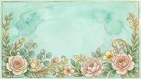 Watercolor floral border with roses, eucalyptus, and ornamental gold accents on soft mint background. Isolated design element suitable for invitations, greeting cards, and stationery projects.