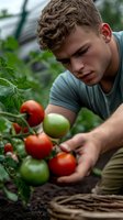 Young Caucasian male farmer examining fresh tomatoes growing in greenhouse. Close-up view shows focused expression while checking ripeness of organic produce.