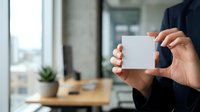 Businessman in dark suit holding blank white business card in modern office workspace with wooden desk and window view.