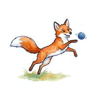 Playful fox jumping and catching blue ball isolated on white background, suitable for children's books, nursery decor, and educational materials.
