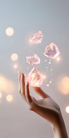 Elegant female hand with floating rose quartz crystals and magical sparkles against soft bokeh background, creating ethereal and mystical atmosphere.