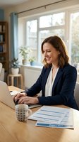Professional businesswoman working on laptop at home office desk with documents and coffee cup in bright modern workspace.
