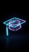 Futuristic neon graduation cap with glowing cyan and purple wireframe design on black background for education technology concepts.