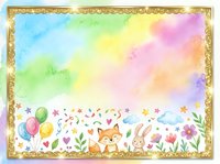 Watercolor kids party frame with fox, bunny, balloons, flowers, and rainbow sky, decorated with gold glitter border and confetti.