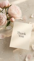 Elegant thank you card beside soft pink peonies in a glass vase on a beige surface with scattered petals, perfect for wedding stationery.