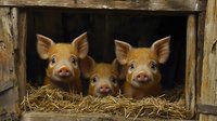 Three adorable piglets peek out from wooden barn shelter with straw bedding, showcasing farm life and agricultural livestock in rustic setting.