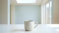 Ceramic mug with speckled glaze sitting on white table in bright, minimalist interior space with natural light from windows.