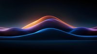Glowing neon waves with orange, purple and blue light trails against dark background create dynamic abstract composition for modern technology designs.