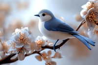 Blue and white songbird perched on delicate spring cherry blossom branch against soft blurred background, creating serene natural composition.