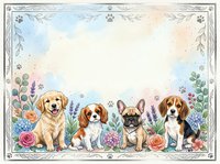 Adorable puppies sitting in decorative floral border frame with paw prints, roses and leaves. Golden retriever, spaniel, french bulldog and beagle dogs arrangement.