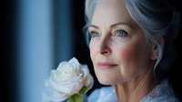 Elegant senior woman with silver hair holding white rose, gazing thoughtfully by window. Mature beauty, aging gracefully, contemplative moment for wellness campaigns.