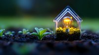 Glowing lightbulb inside miniature glass house on soil with moss and tiny plants, creative energy conservation concept for sustainable living solutions.