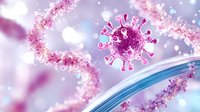 Pink virus cell floating in microscopic view with blue wave and bokeh effect, scientific medical visualization on soft purple background for healthcare concept.