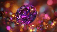 Brilliant purple gemstone with faceted cut against colorful bokeh background of warm golden and pink lights.