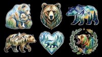 Six watercolor bear sticker designs isolated on transparent background, featuring mother and cub, portrait, mountain silhouette, heart frame, and roaring bear for print on demand.