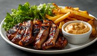 Grilled glazed chicken wings served with golden french fries, fresh green salad and creamy dipping sauce on white plate against dark background. Restaurant menu photo.