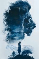 Double exposure profile of lion head merged with silhouette of woman standing on hill against mountainous landscape in blue monochromatic tones.