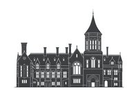 Victorian gothic mansion with ornate spire and multiple turrets, featuring pointed arch windows and detailed stonework. Isolated silhouette on white background, suitable for architectural designs, educational materials, and vintage-themed projects.