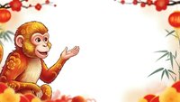 Cartoon monkey character with golden decorations waving hand in festive Chinese New Year setting with red lanterns and bamboo leaves for holiday designs.