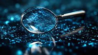 Magnifying glass on dark surface with scattered blue glowing particles creating mysterious atmosphere and reflection. Macro photography with selective focus.