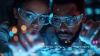 African American professionals analyzing digital data visualization through smart glasses in dark environment with blue technology glow and bokeh lights.