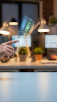 Hand holding transparent digital interface with smart home controls in modern kitchen with warm lighting and blurred background for technology concepts.